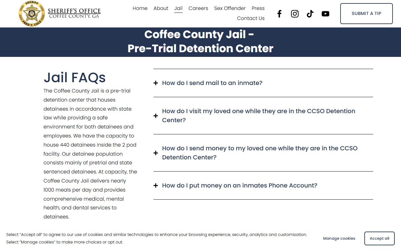 Coffee County Pre-Trial Detention Center mail visitation and deposit rules
