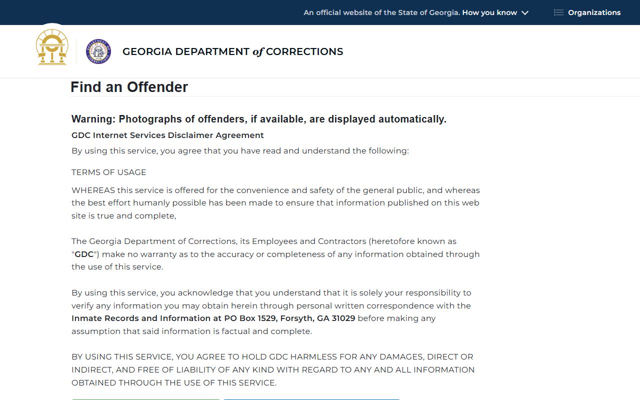 GDC offender query disclaimer noting photos may display automatically if available